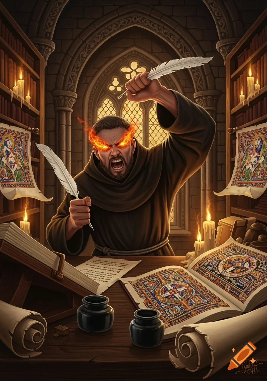 A furious medieval monk with fiery glowing eyes wields two quills at a desk with an illuminated manuscript and scrolls in a stone library.