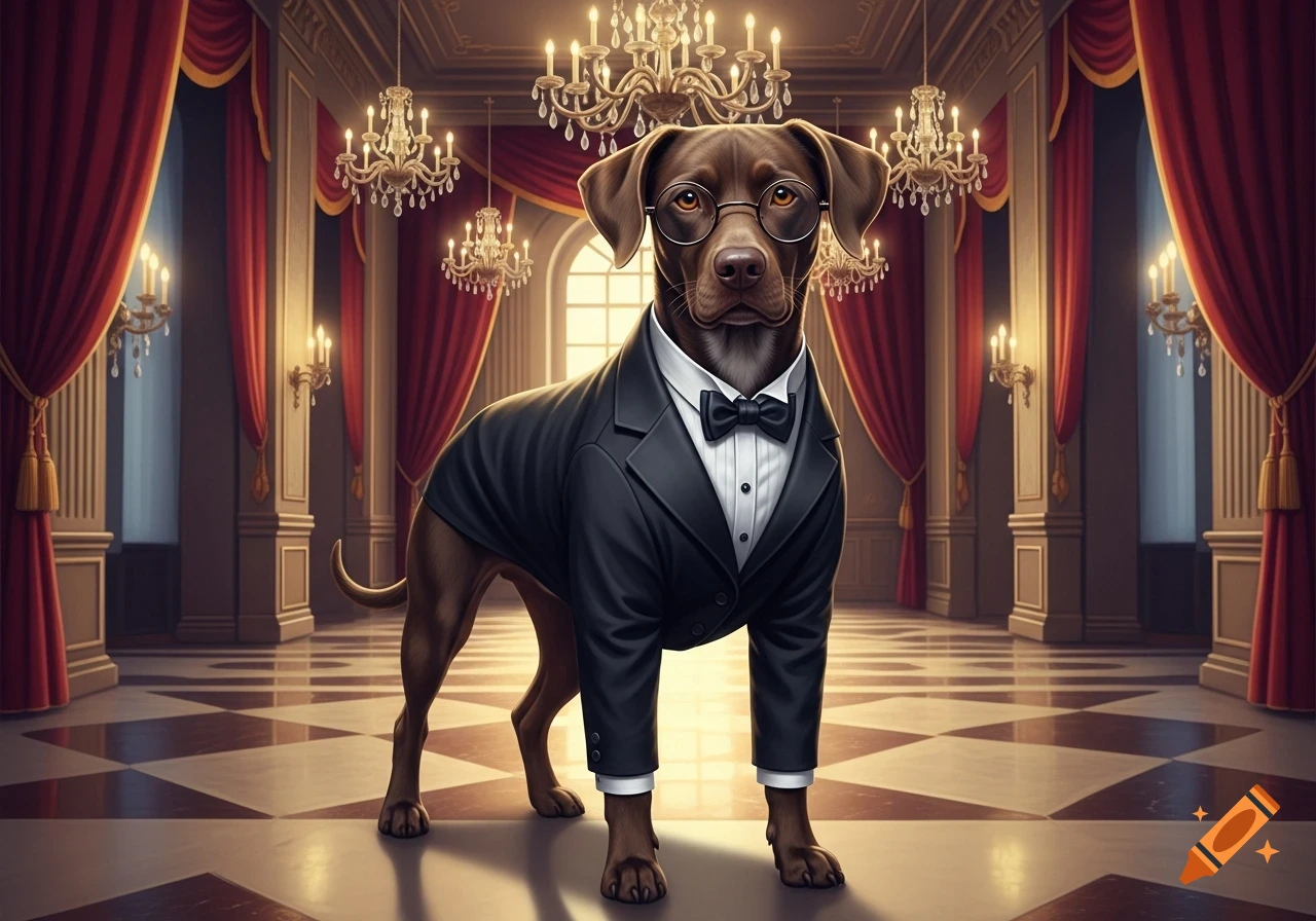 A brown dog in glasses and a black tuxedo stands in a grand hall with red drapes, chandeliers, and a checkered floor.