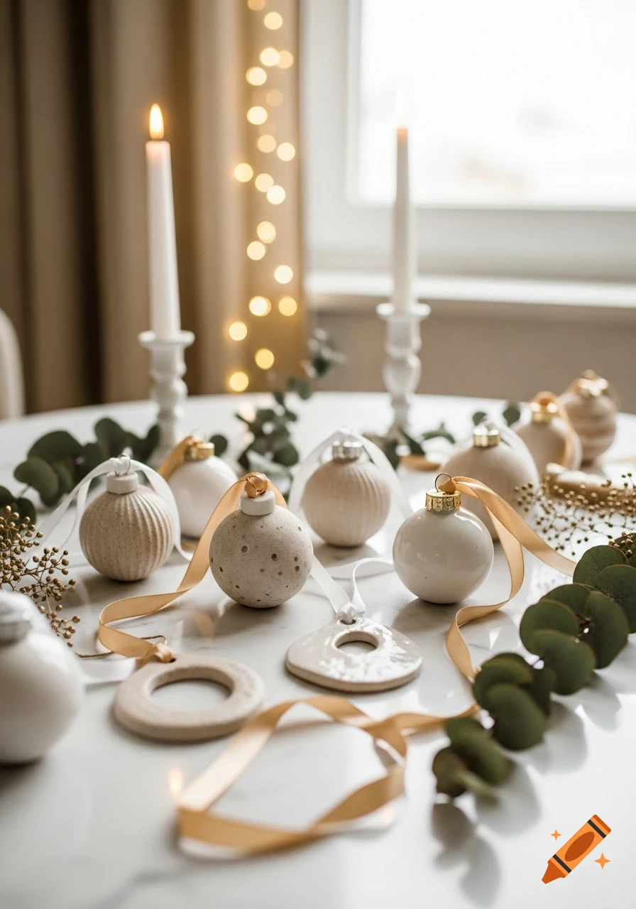Elegant minimalist Christmas scene on a white marble table with handmade ornaments, gold ribbons, eucalyptus, and lit candles against a bokeh background.