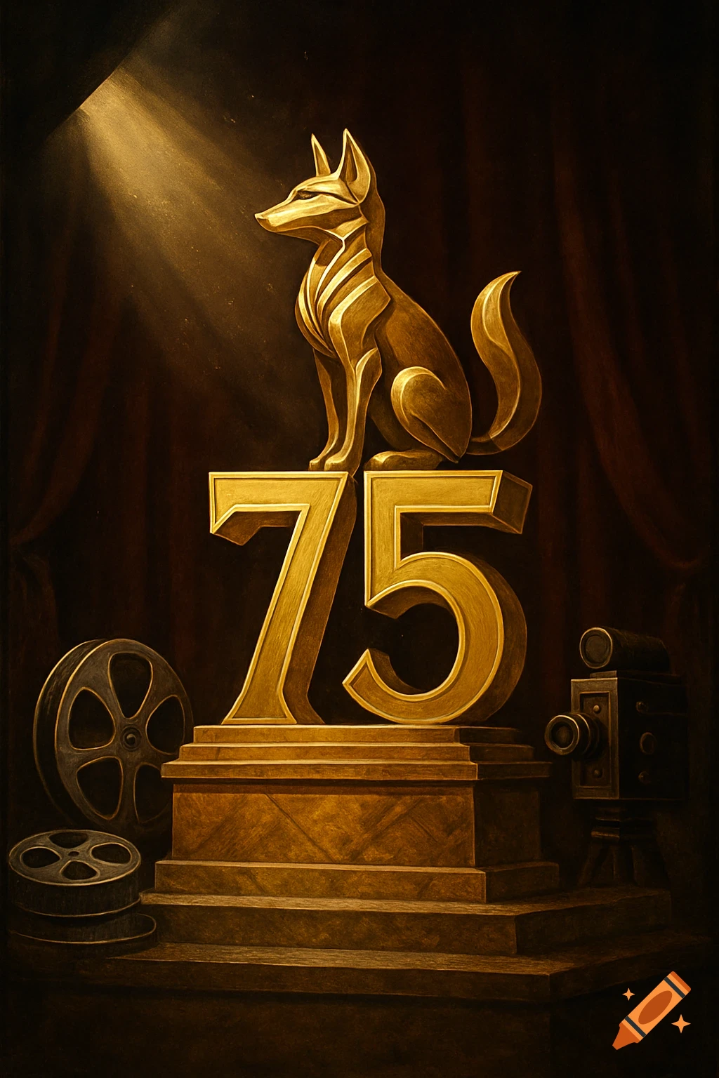 Golden stylized fox statue atop the number 75, flanked by film reels and a vintage camera, illuminated by a spotlight.