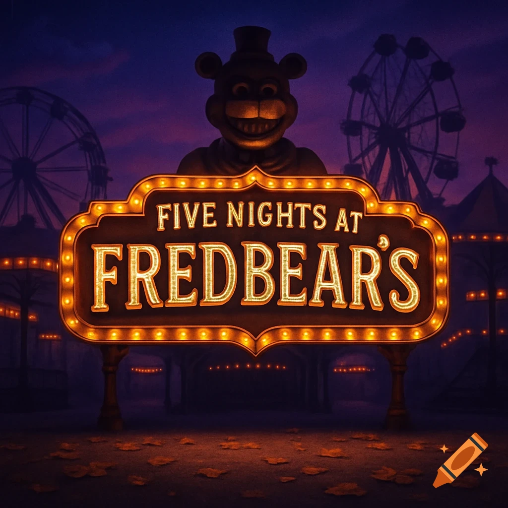 A glowing sign for 'FIVE NIGHTS AT FREDBEAR'S' in a dark, spooky amusement park, with a bear character and ferris wheels in the background.