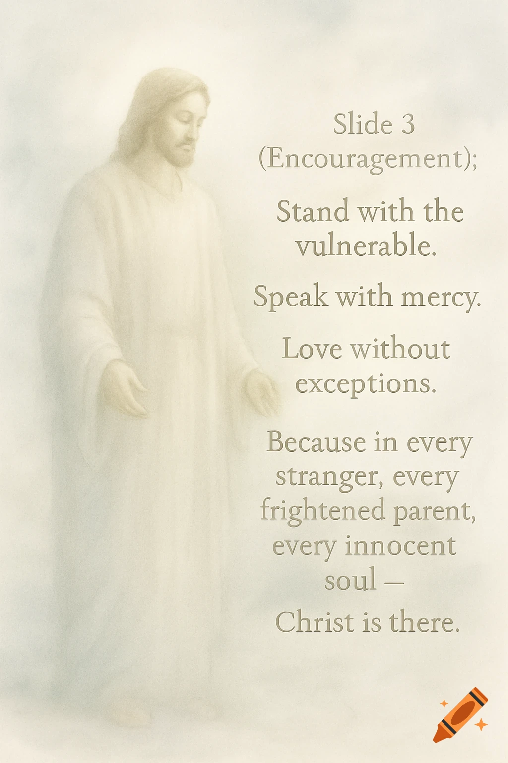 Soft, ethereal illustration of Jesus in a white robe with inspirational text on a light background.