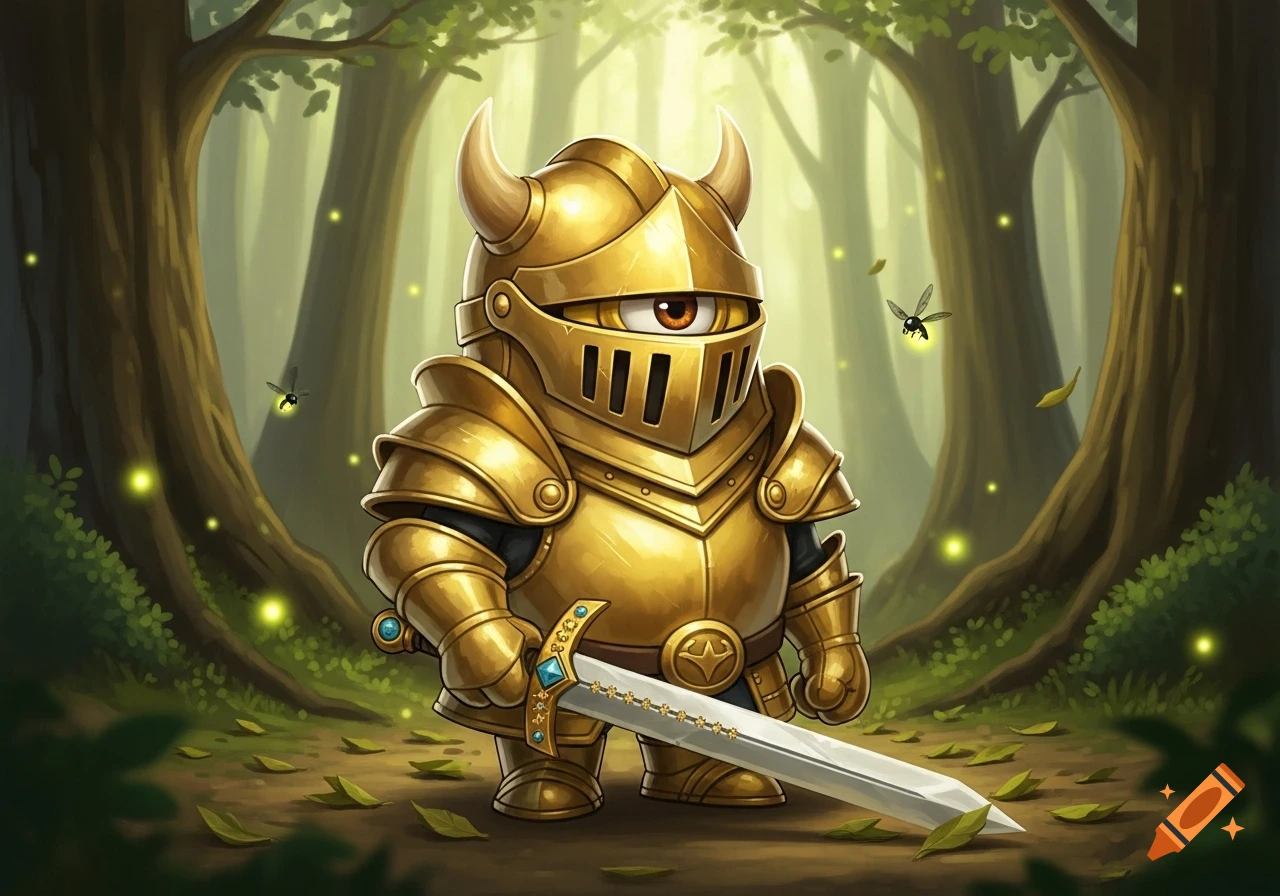 A cute, cartoon minion knight in shiny golden armor with horns and a single eye holds a silver sword in an enchanted forest with glowing fireflies.