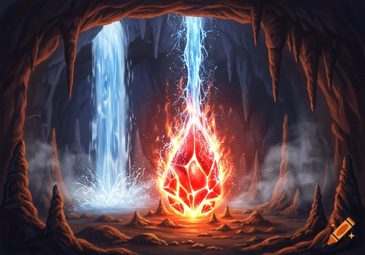 A vibrant fantasy illustration of a red fire crystal being doused by a waterfall in a dark cave.