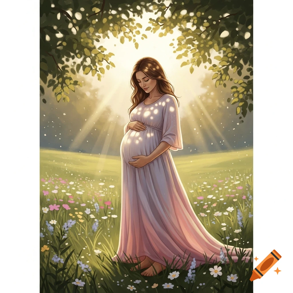 A pregnant woman in a flowing dress gently cradles her belly, standing barefoot in a sunlit meadow with wildflowers, in an illustrative style.