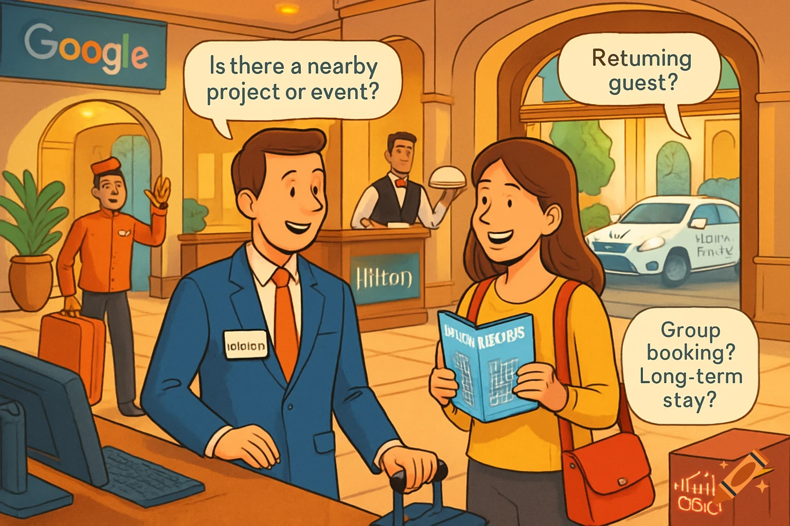 A cartoon hotel lobby scene with a check-in desk, clerk, and female guest. Other staff and a car are in the background.