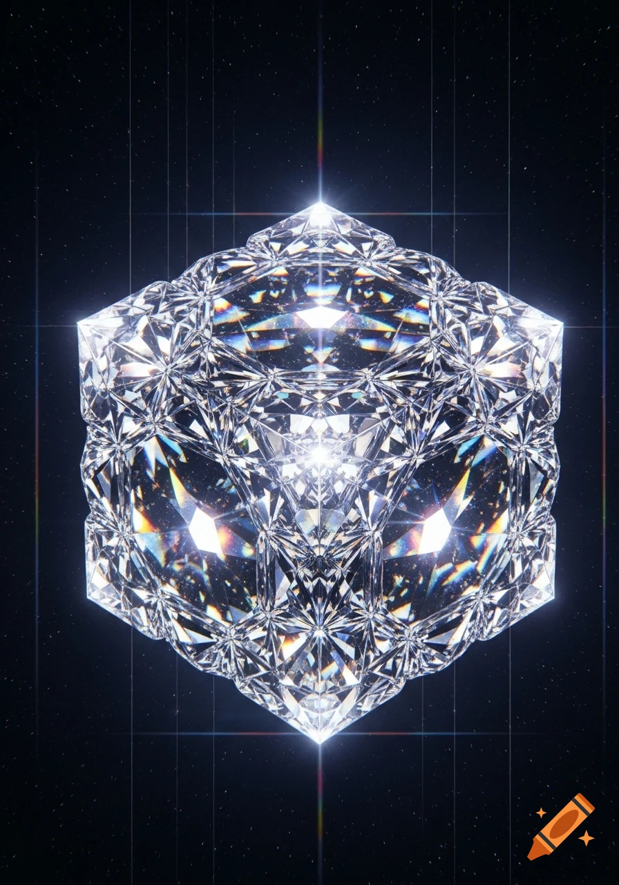 A sparkling, multifaceted diamond cube floats in dark space, surrounded by tiny stars and bright lens flares.