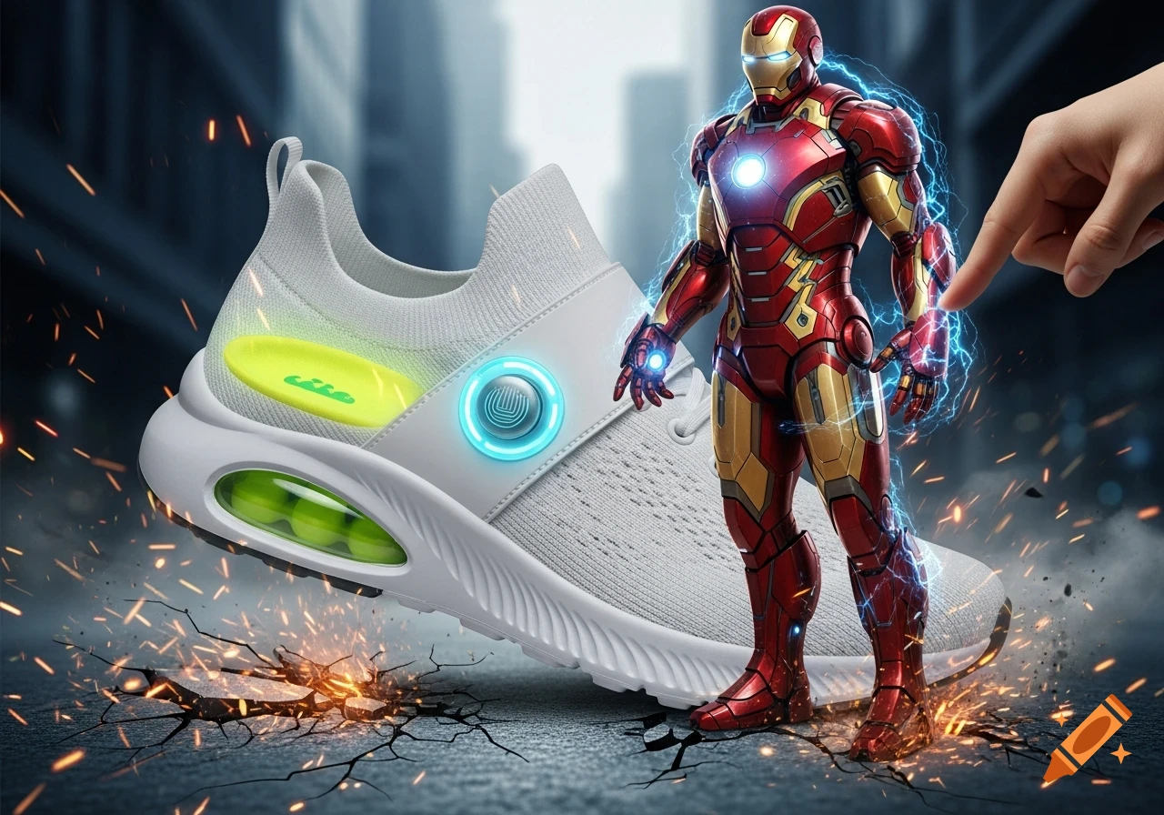 A detailed white sneaker with glowing green and blue accents, Iron Man, and a human finger on cracked ground with electricity.