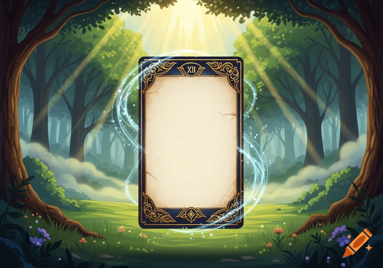 An ornate blank fantasy card with a blue and gold border and roman numeral XII, surrounded by glowing light, set in a mystical, sunlit forest.