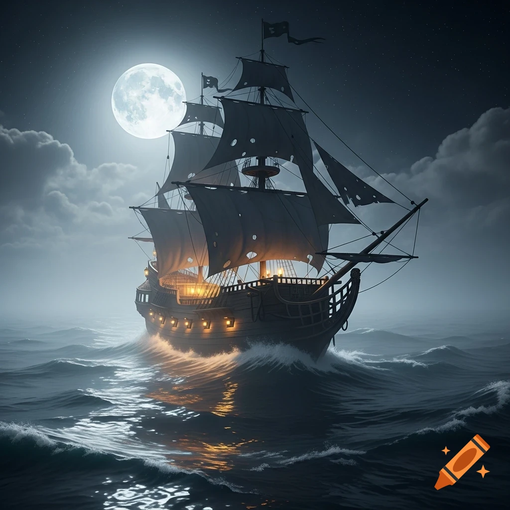 A mysterious ship with tattered sails sails on rough seas under a bright full moon at night, illuminated by interior lights.