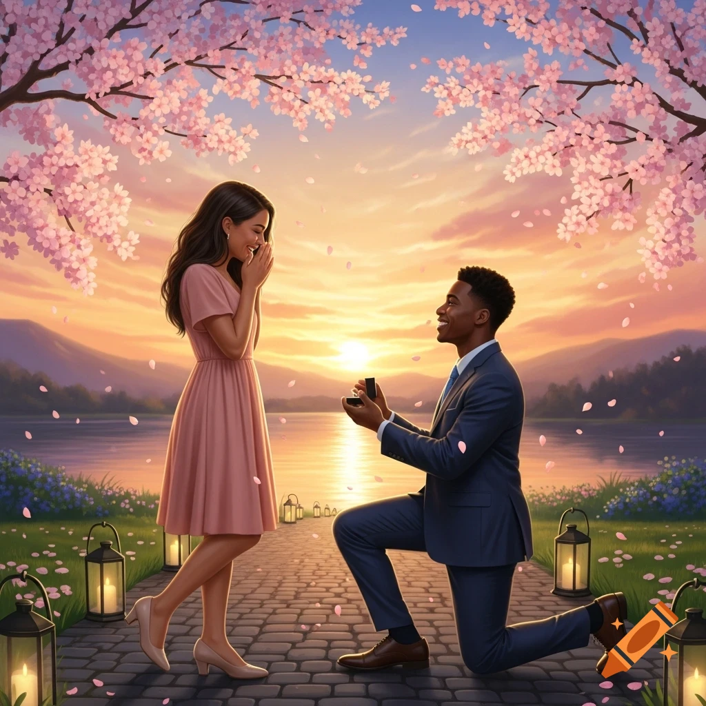 An illustrated scene of a man proposing to a woman by a lake at sunset under cherry blossom trees.