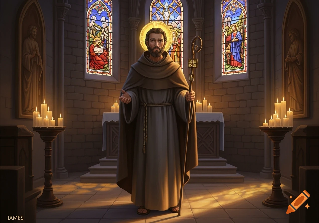 Saint In Robe A saint in a hooded robe stands in a stone church, holding a staff ...