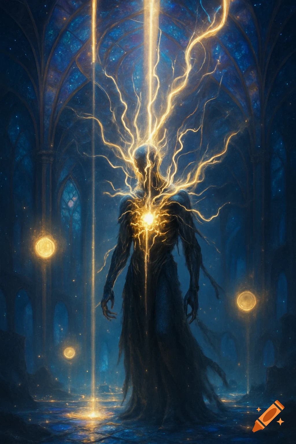 A dark, glowing humanoid figure stands in a vast, ethereal blue cathedral, bathed in golden light and energy.