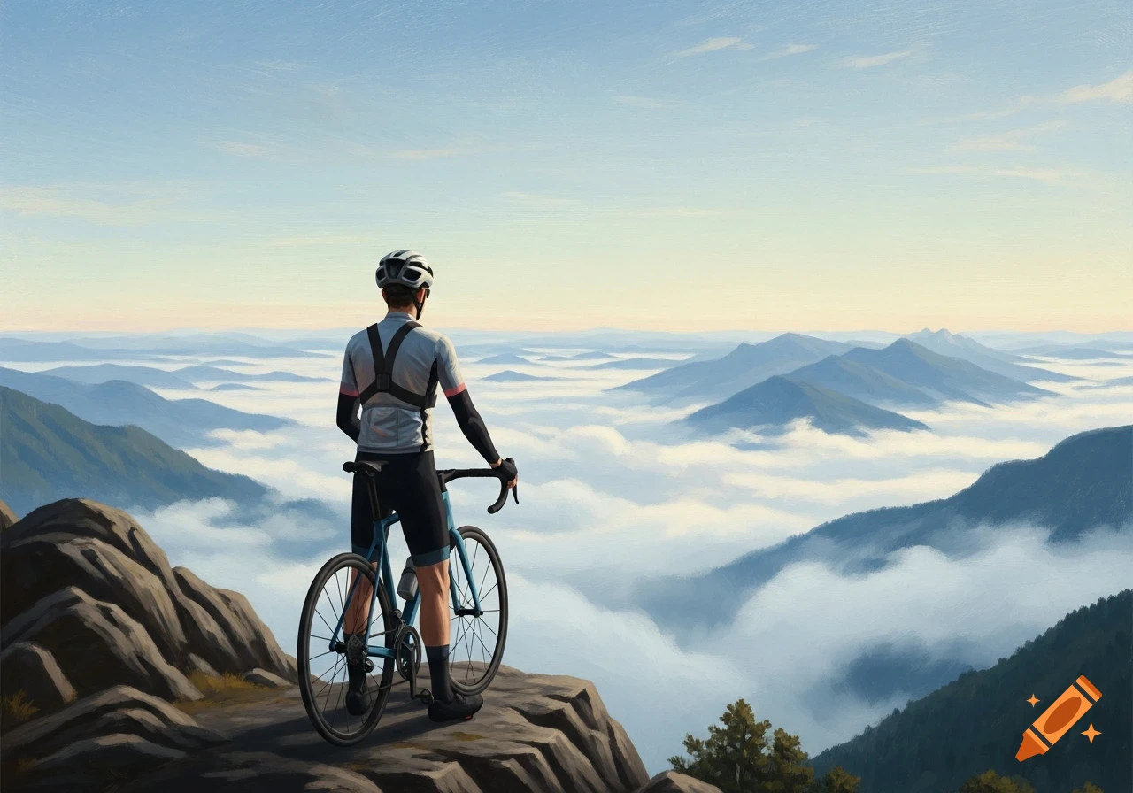 Painting of a cyclist on a mountain peak, viewed from behind, gazing at a foggy mountain range at sunrise.