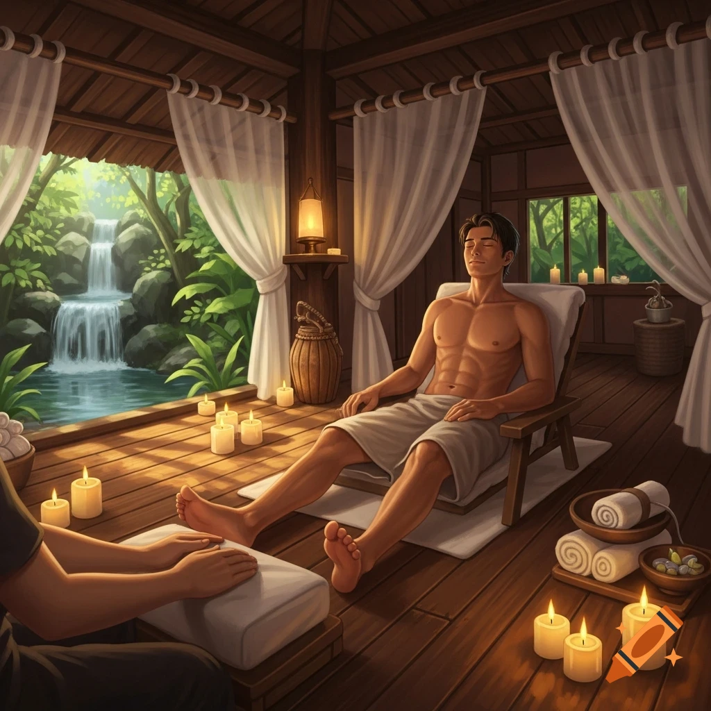 Illustration of a man getting a foot massage in an open-air spa pavilion with a waterfall and candles.