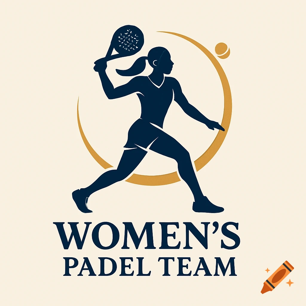 Dark blue and gold minimalist logo of a woman playing padel, with 'WOMEN'S PADEL TEAM' text.