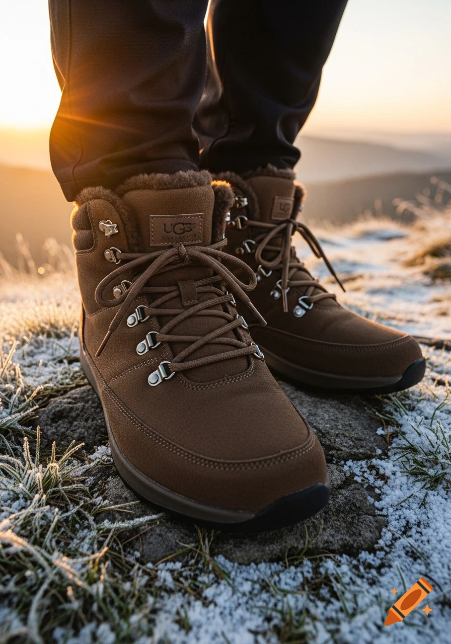 Close-up of brown UGG-like boots with laces standing on frosted ground at sunrise.