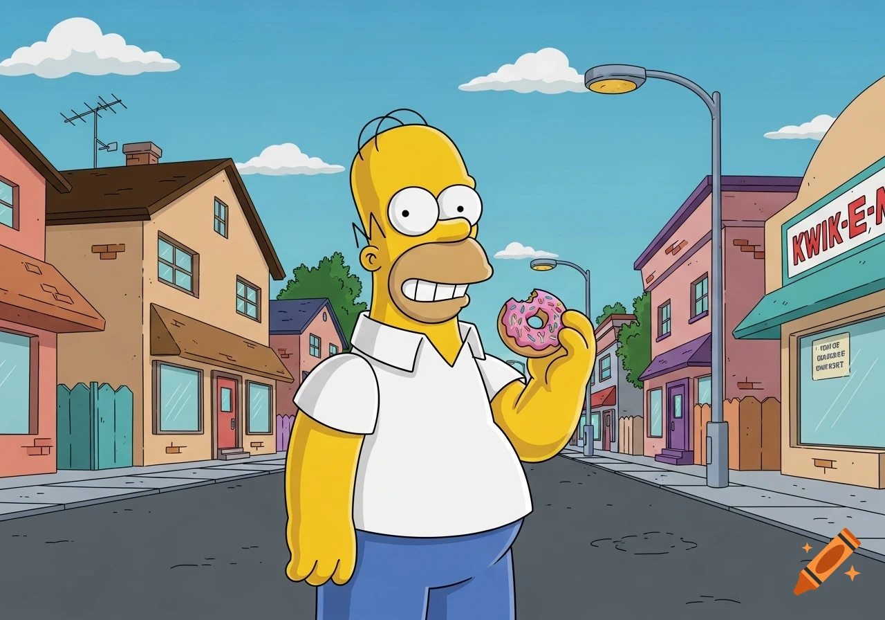 Homer Simpson stands on a street in front of the Kwik-E-Mart, holding a half-eaten pink donut.