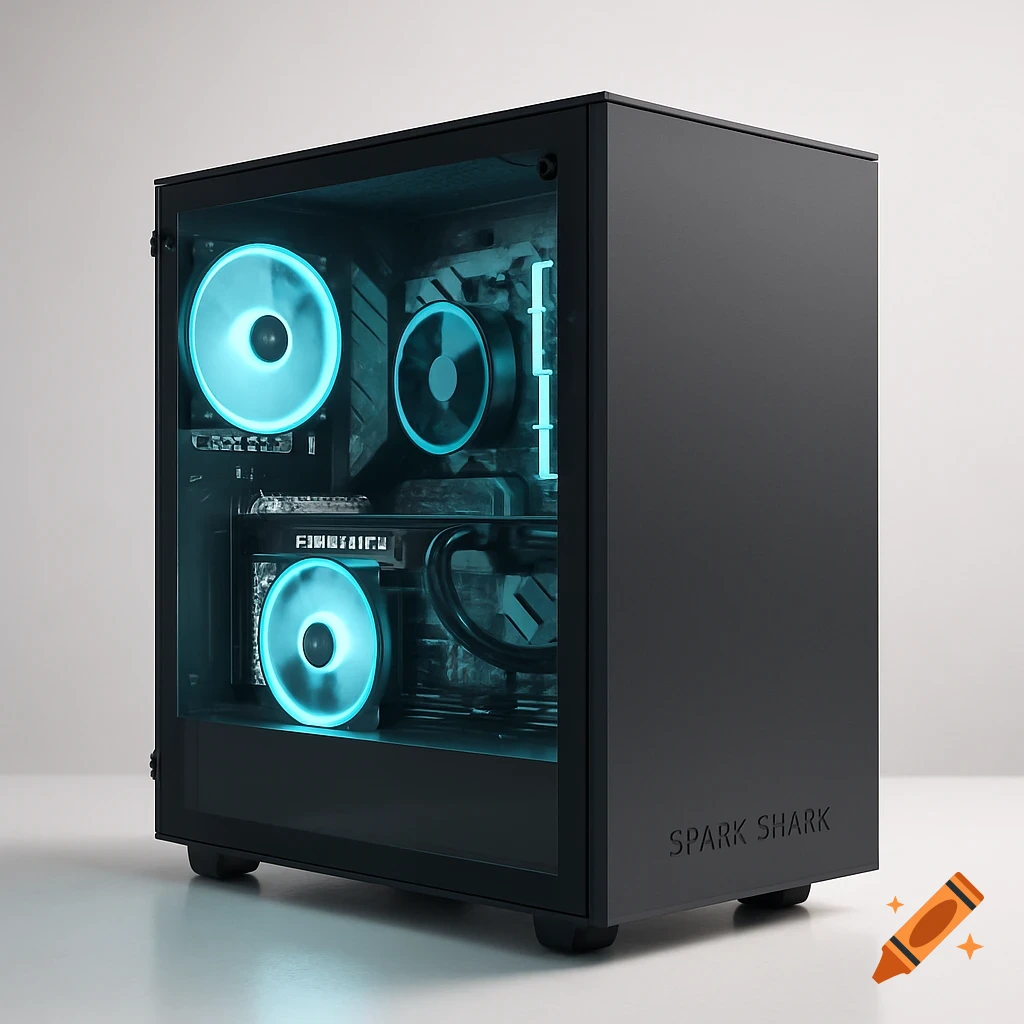 A black mid-tower PC with a glass side panel showcasing internal components with light blue RGB fans, branded "SPARK SHARK" on the side.