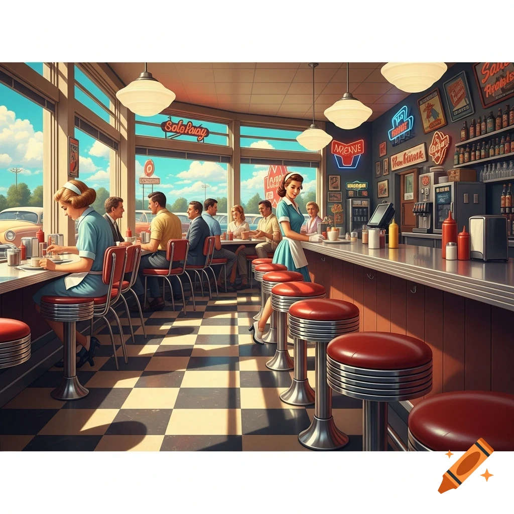 A vibrant illustration of a 1950s diner with a checkered floor, customers at tables and a counter, and vintage cars visible through large windows.