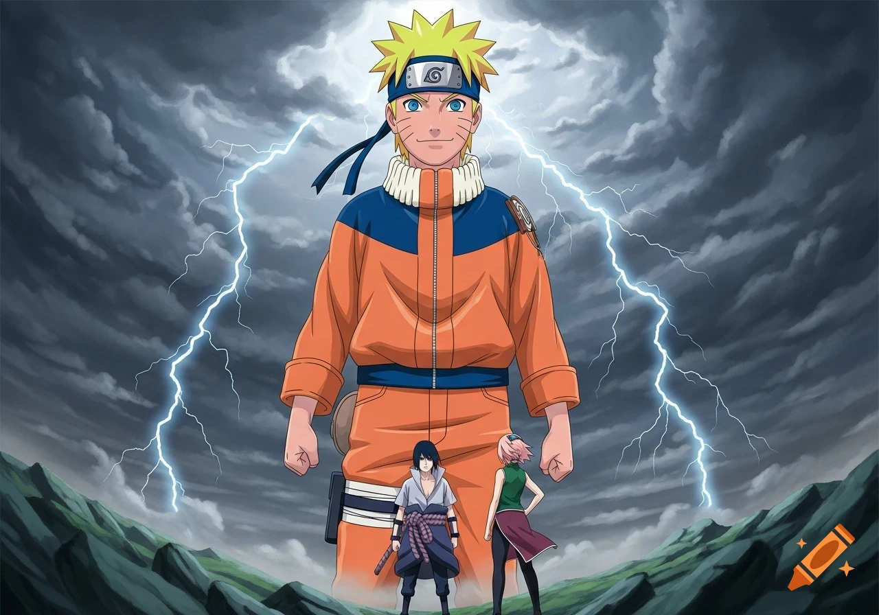 Giant Naruto stands over smaller Sasuke and Sakura with lightning in a stormy sky, in anime style.