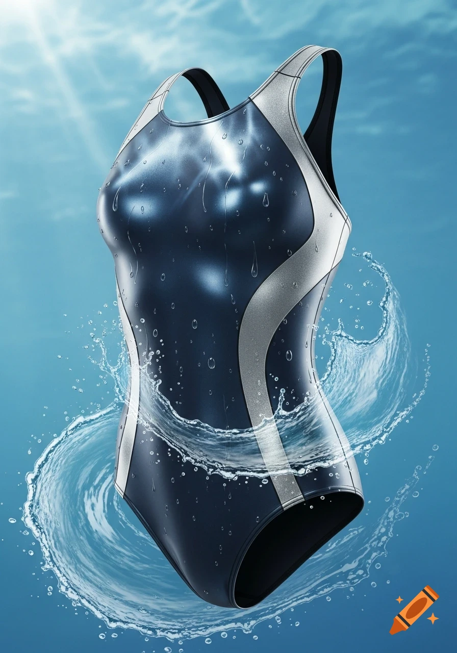 A photorealistic dark blue and silver competitive swimsuit with water splashes, set against a light blue background with sun rays.