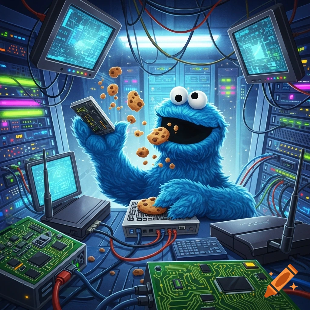 A blue, furry Cookie Monster sits amidst server racks and circuit boards, munching on chocolate chip cookies in a brightly lit server room.