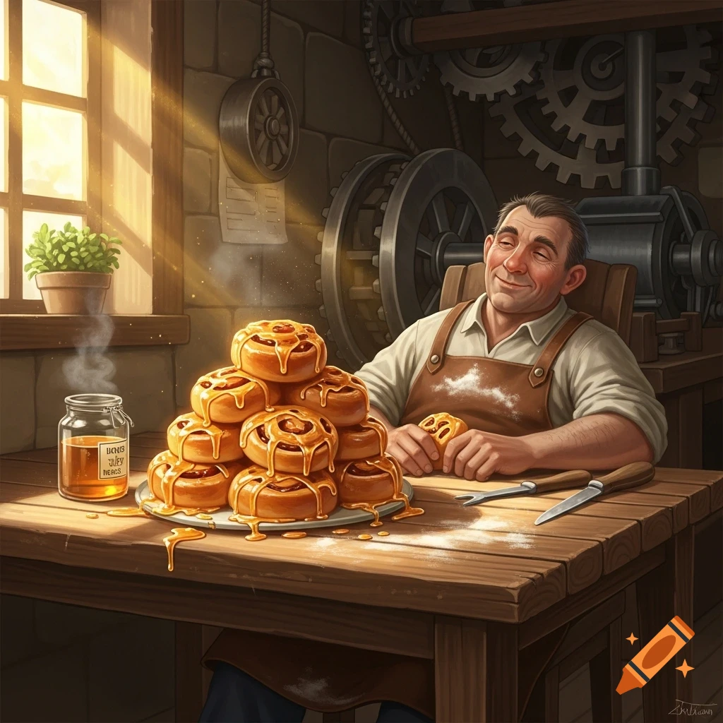 A happy man in an apron sits at a wooden table with a large pile of glazed cinnamon rolls, bathed in sunlight.
