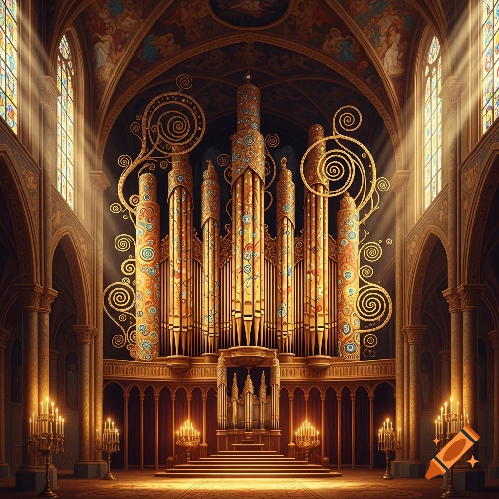 Ornate church interior with a giant golden pipe organ in the style of Gustav Klimt, bathed in sunlight.