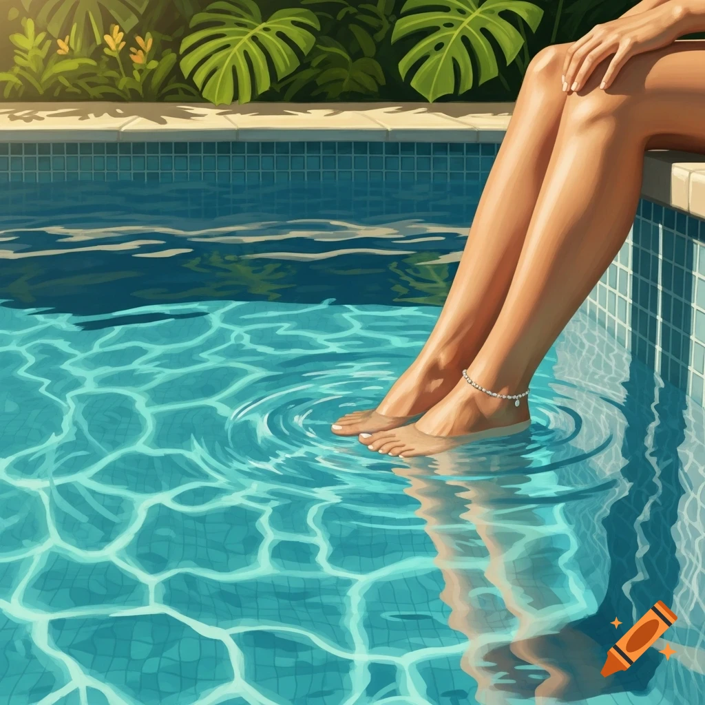 A person's legs and feet dipping into a clear blue swimming pool with ripples, tropical plants in the background.