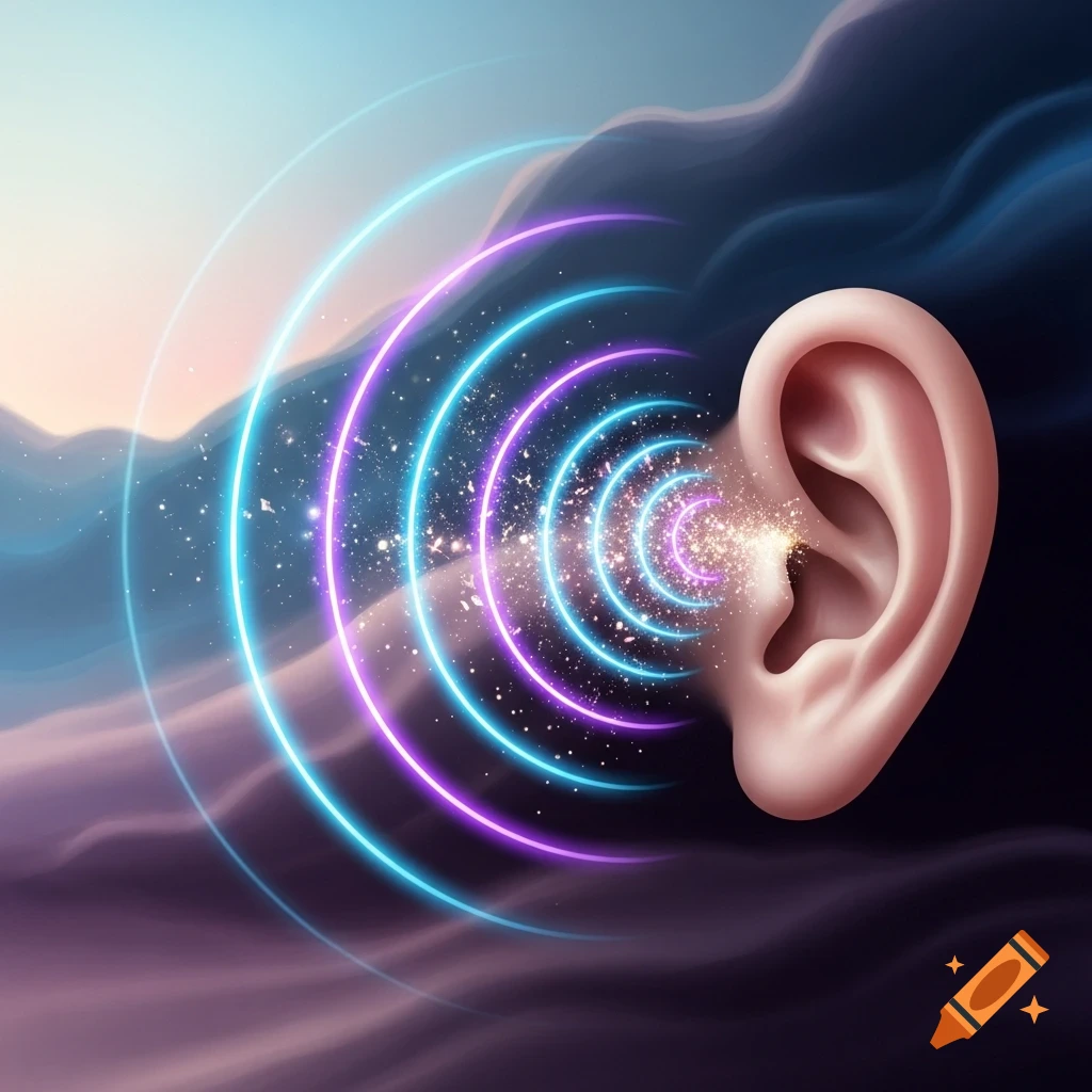 A human ear with glowing blue and purple sound waves and sparkling particles emanating from it, set against a dark, cloudy, abstract background.