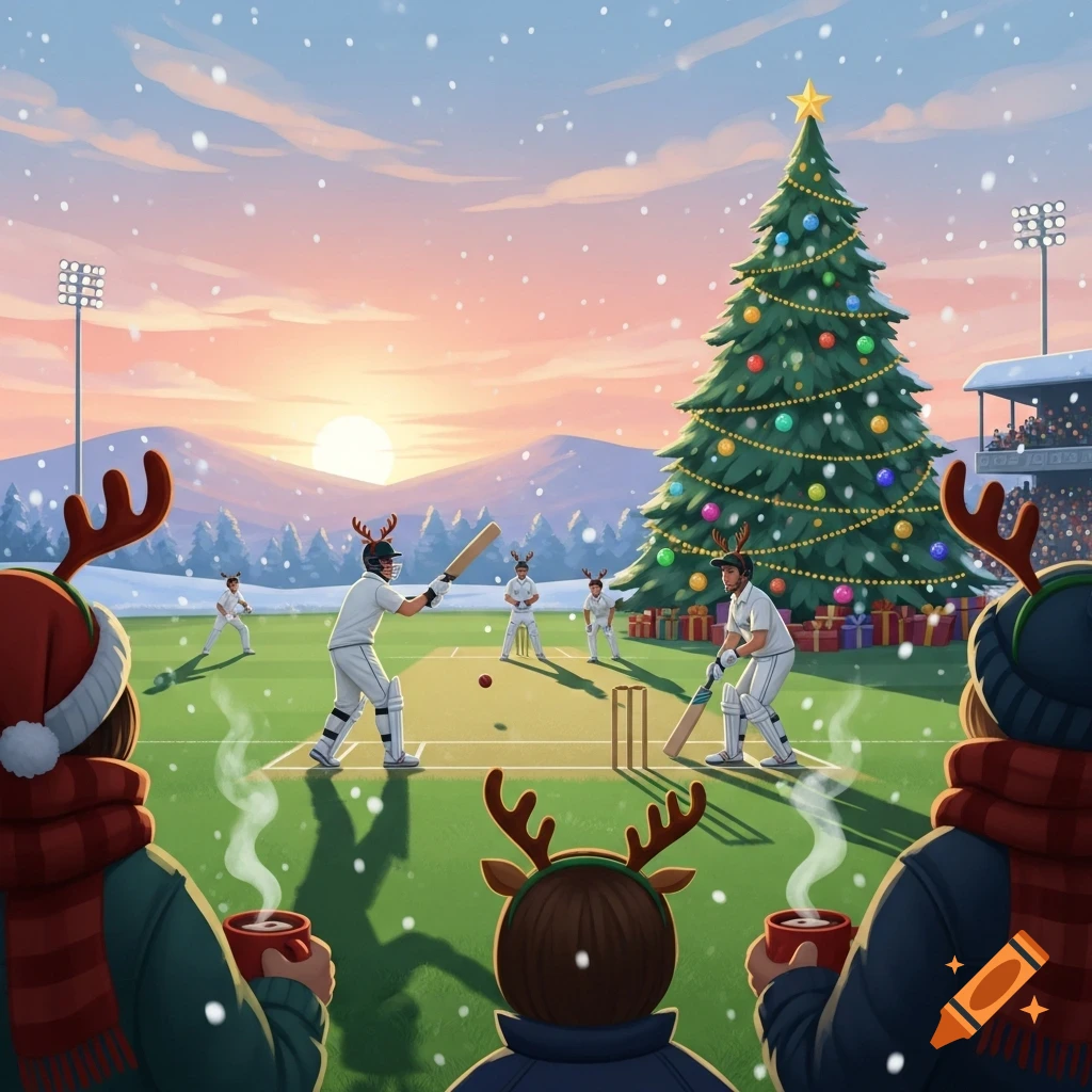 A festive cricket match on a snowy field with players in reindeer antlers and a large decorated Christmas tree at sunset.