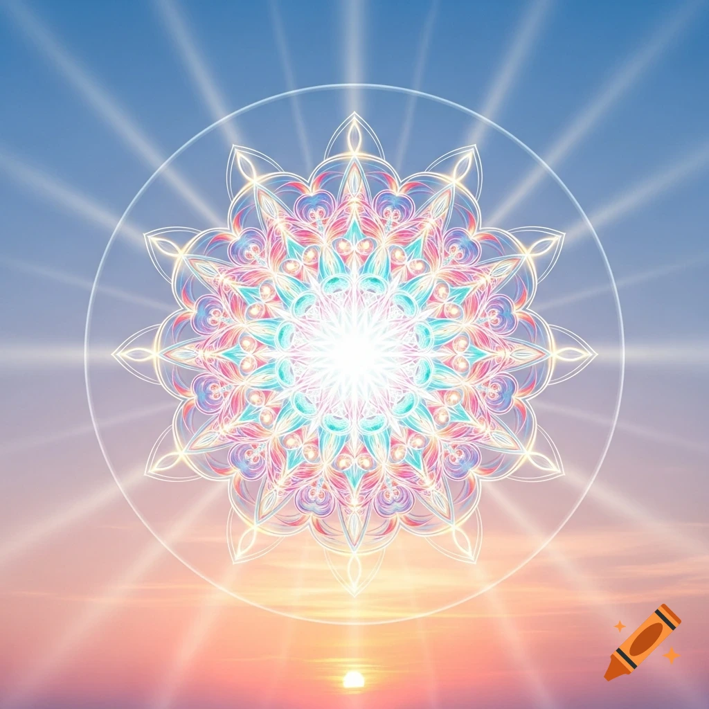 A vibrant, intricate mandala design with a glowing center, set against a serene sky with a sunset gradient.