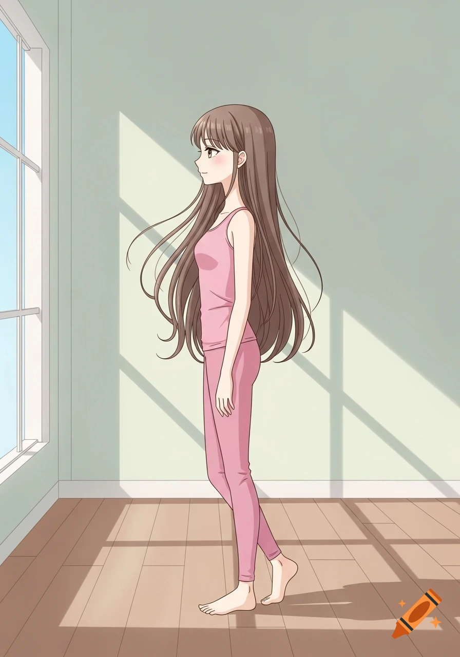 An anime girl with long brown hair wearing a pink tank top and leggings stands barefoot, looking out a window in a room.