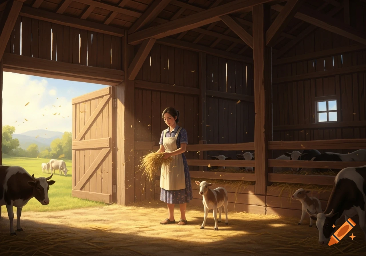 A woman in an apron feeds hay to a calf in a sunny barn, with more cows in the stalls and a green field outside.