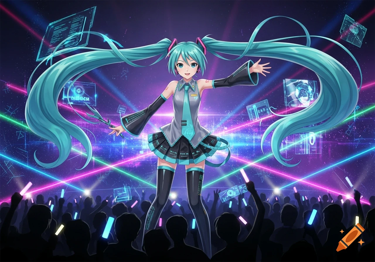 Hatsune Miku, an anime character with long teal pigtails, performs on stage in a high-tech outfit for a silhouetted crowd holding glow sticks, surrounded by vibrant neon lights and holographic displays.