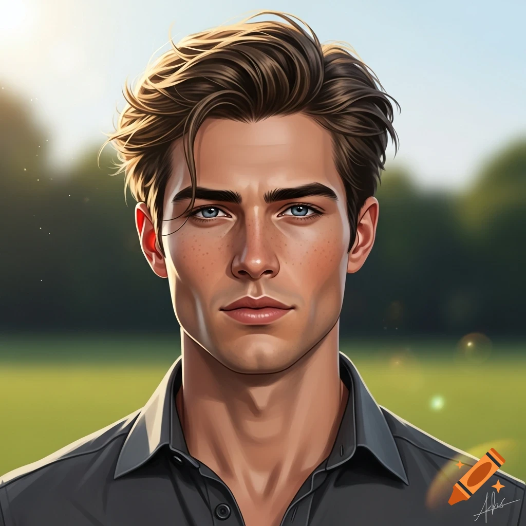 Digital art portrait of a young man with brown wavy hair, blue eyes, and freckles, wearing a dark shirt outdoors in soft sunlight.
