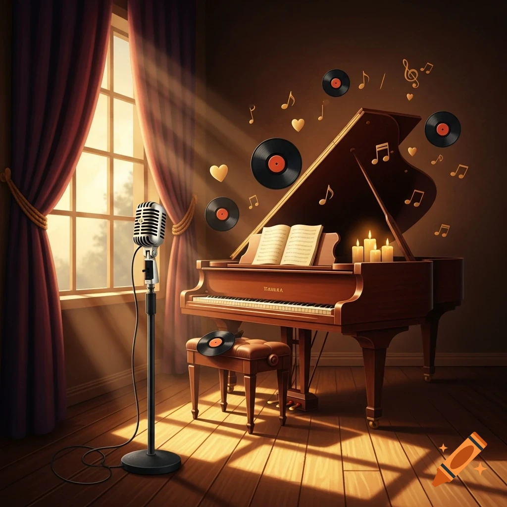 A grand piano with sheet music, candles, and a vintage microphone in a sunlit room, with floating music notes and vinyl records.
