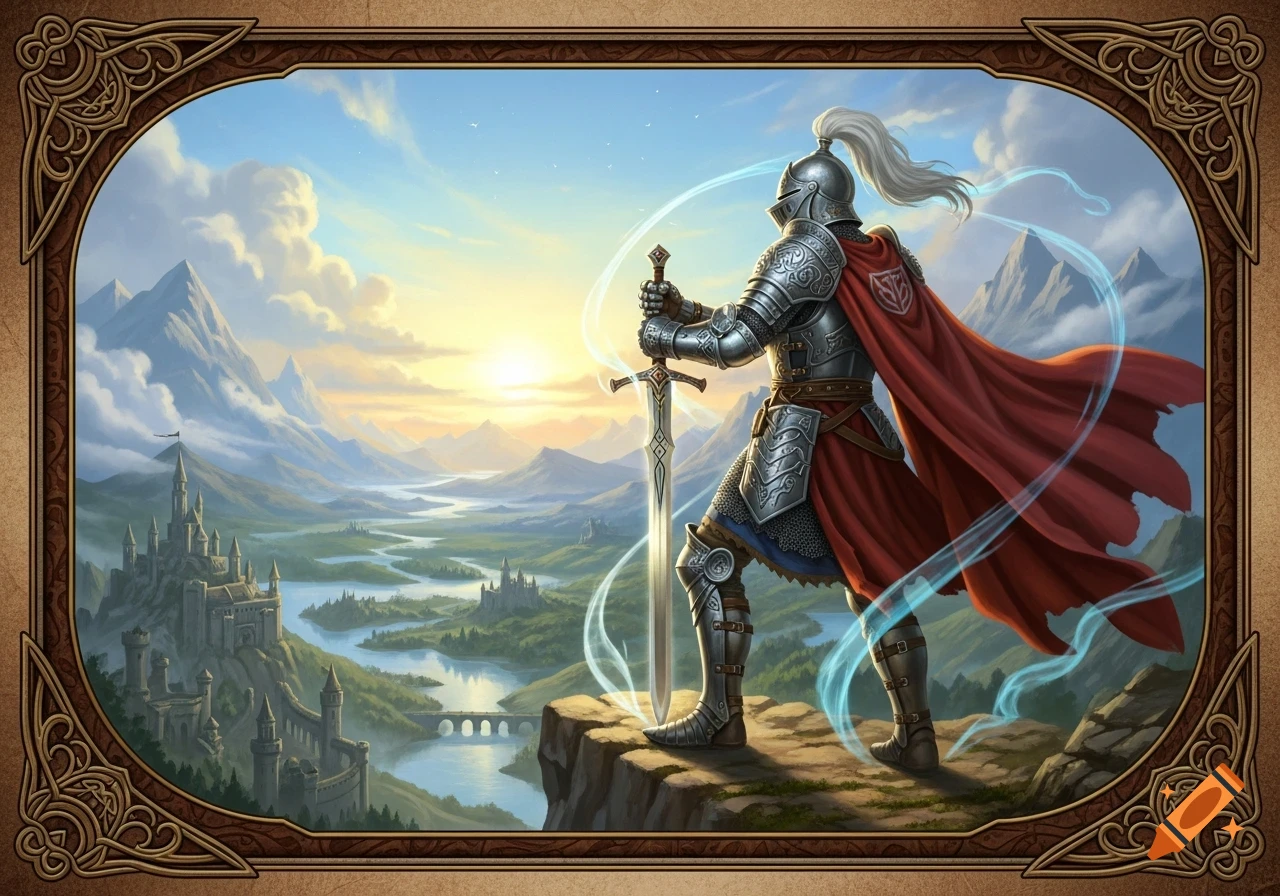 A knight in full silver armor and a red cape stands on a cliff, holding ...