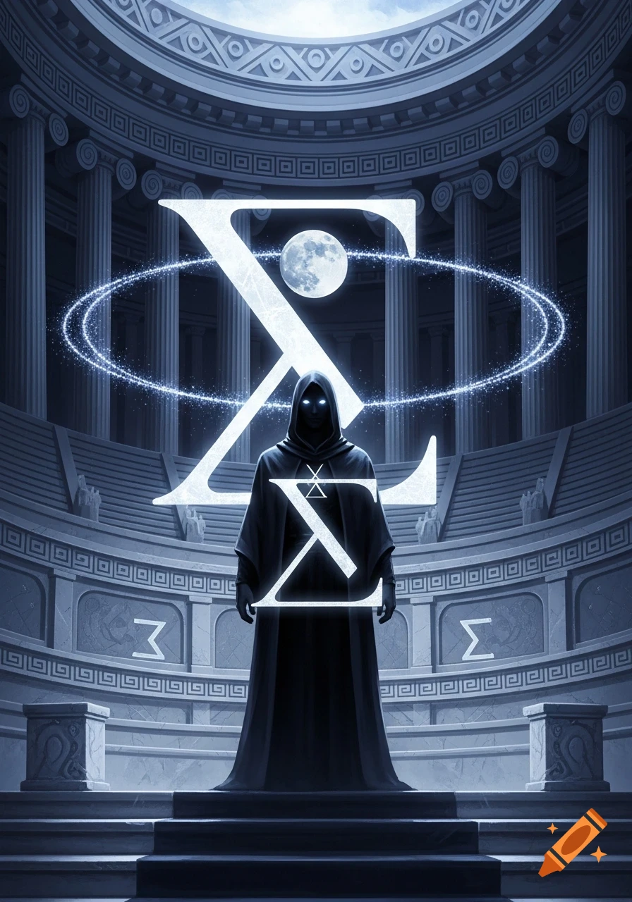 A dark hooded figure with glowing eyes stands in a moonlit Greek amphitheater, with a large glowing Sigma symbol behind.