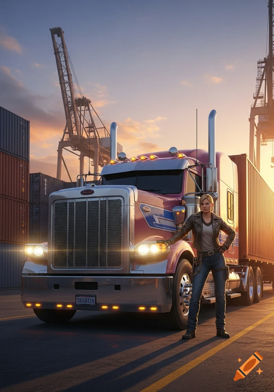 A female truck driver in a leather jacket stands beside a large red semi-truck at a shipping port during sunset.