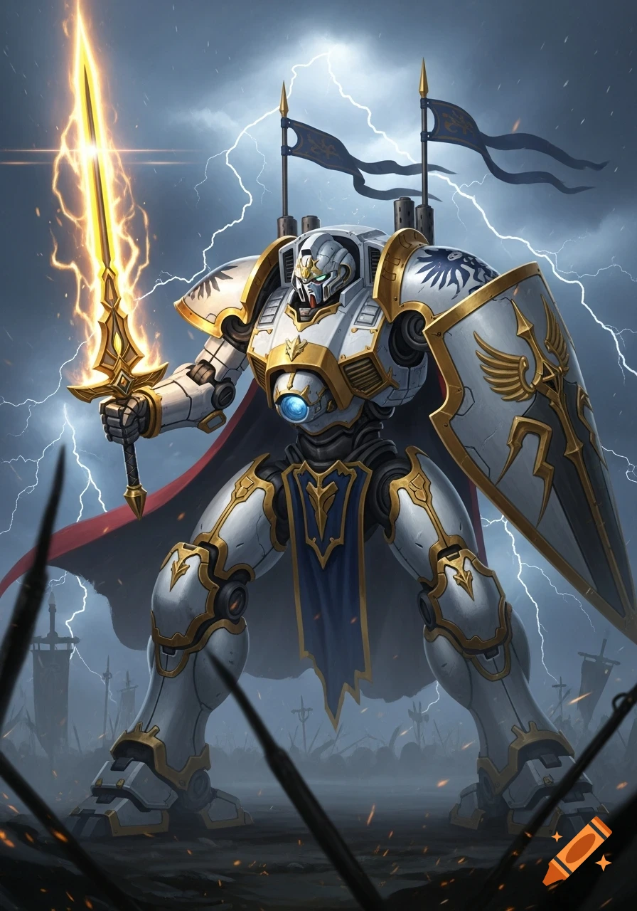 A powerful robot mech knight in white and gold armor, holding a glowing energy sword and a shield, stands amidst lightning.