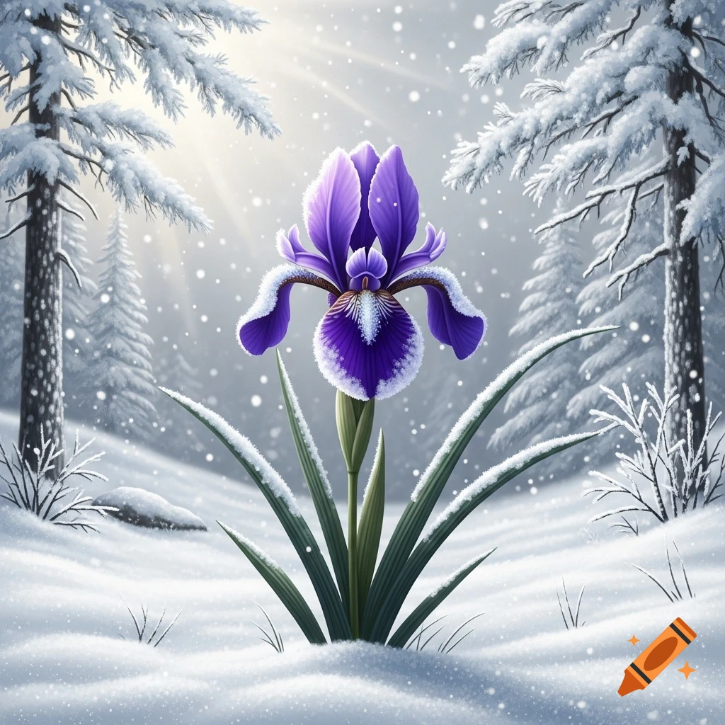 A vibrant purple iris flower with snow-dusted petals stands prominently in a serene, snow-covered winter forest under falling snow.