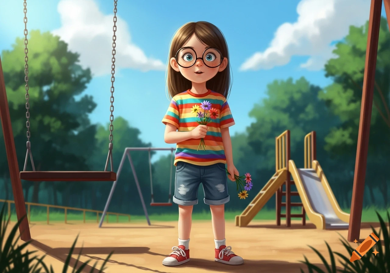 A cartoon girl with glasses and a striped shirt holds flowers in a sunny playground with swings and a slide.