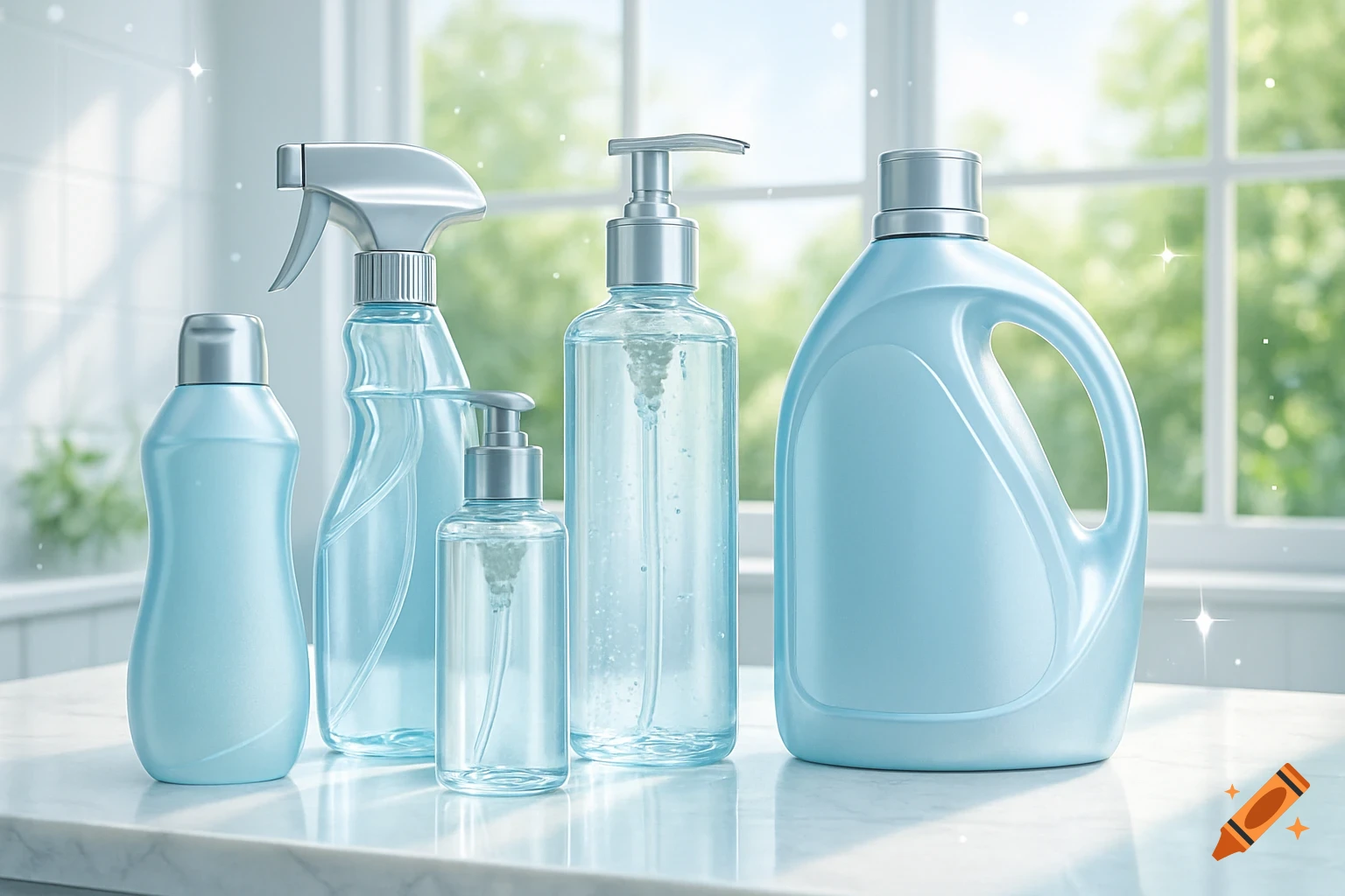 Photorealistic image of various blue and clear cleaning product bottles on a white counter in front of a bright window.