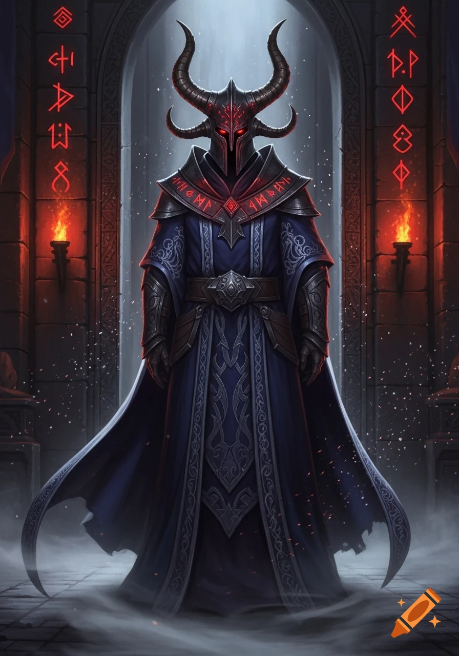 A dark wizard in a horned helmet and blue robe stands in a misty stone archway with torches and red runes.