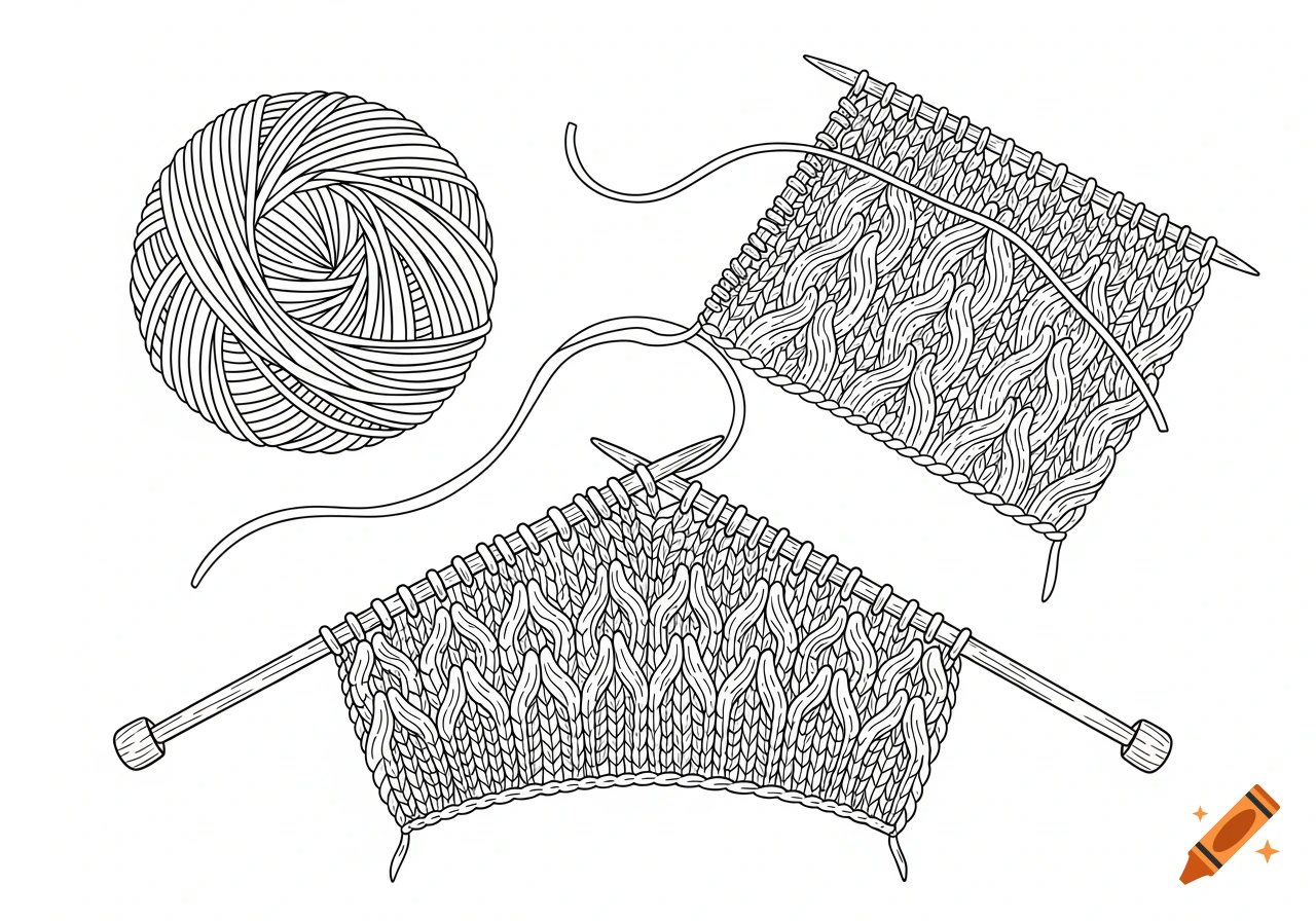 A line drawing depicts a yarn ball, knitting needles with a project in progress, and a completed knitted swatch.