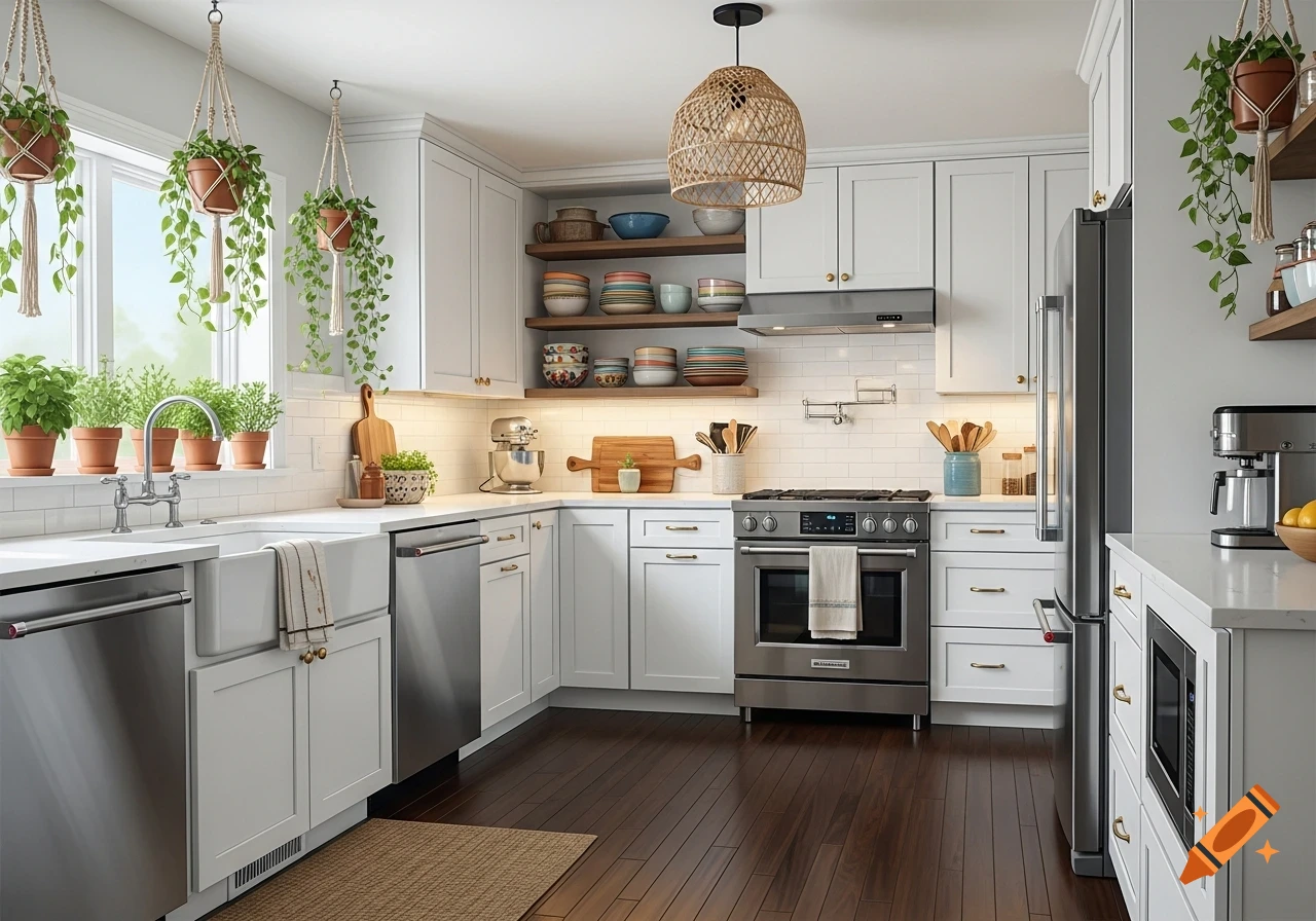 A modern boho kitchen with white cabinets, dark wood flooring, and stainless steel appliances. Hanging plants and potted herbs decorate the bright window and shelves.