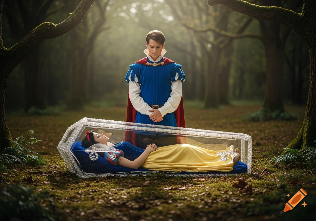 A photorealistic image of Prince Charming in a blue tunic and red cape looking sadly at Snow White, who lies peacefully in a glass coffin in a mossy forest.