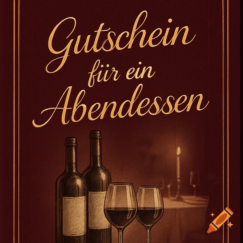 Illustrated dinner voucher on a dark red background, featuring wine bottles, two wine glasses, and a lit candle.